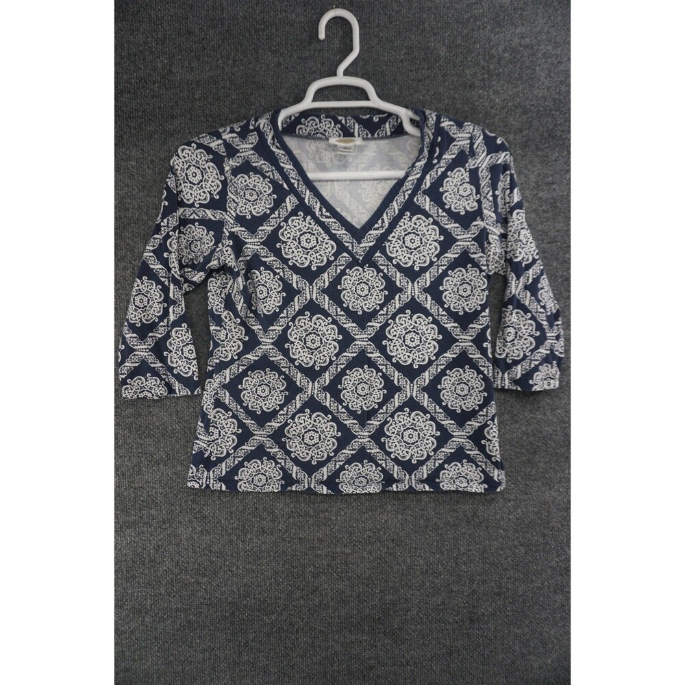 Talbots Shirt Womens Large VNeck Blue White Cotton